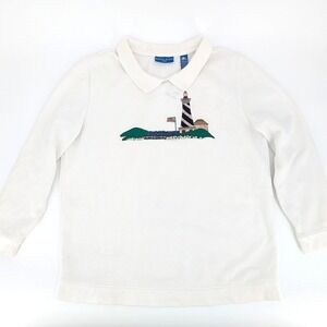 Karen Scott Sport Womens Cream Lighthouse Embroidered Fleece Polo Sweatshirt L